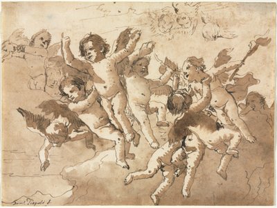 Cupid in the Clouds hoitajakerubien kanssa, 1757 tai sen jälkeen. tekijältä Giovanni Domenico Tiepolo