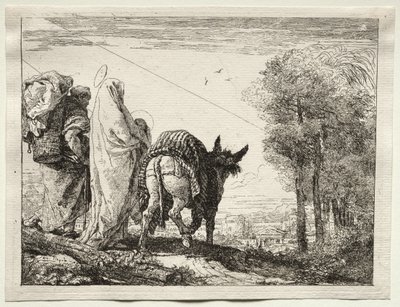 Lento Egyptiin: Pyhä perhe lähestyy kylää tekijältä Giovanni Domenico Tiepolo