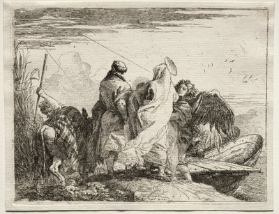 Lento Egyptiin: Pyhä perhe lähtee rannalta. tekijältä Giovanni Domenico Tiepolo