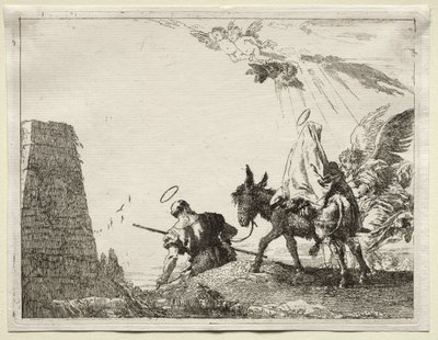 Lento Egyptiin: Pyhä perhe kulkee lähellä pyramidia. tekijältä Giovanni Domenico Tiepolo