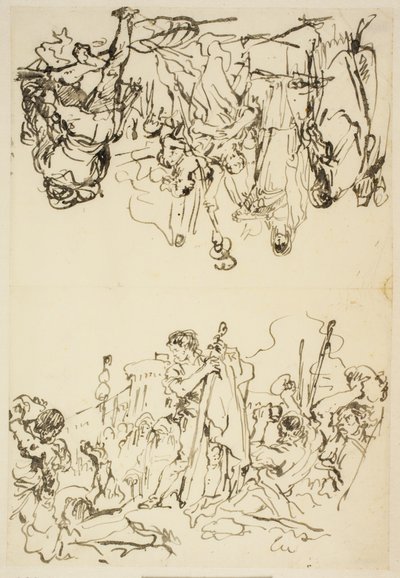 Taitettu lakana, jossa teksti "Pyhän Stephenin marttyyrikuolema ja Agrippinan maihinnousu Brindisissä Germanicuksen tuhkan kanssa" tekijältä Giovanni Domenico Tiepolo