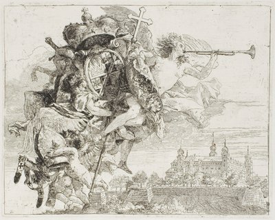 Etukappale: Carl Philipp von Greiffenklaun käsivarret enkelin kantamina, lennosta Egyptiin tekijältä Giovanni Domenico Tiepolo