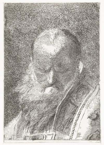 Pappi, jolla on kalju pää Pääkokoelma (sarjan nimi) Raccolta di Teste (sarjan nimi) tekijältä Giovanni Domenico Tiepolo