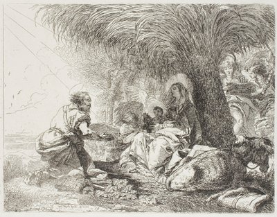 Joseph palvoo lasta kahden enkelin laulaessa, levy yhdeksäntoista kappaleesta Lento Egyptiin tekijältä Giovanni Domenico Tiepolo