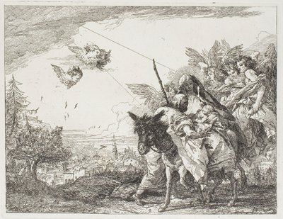 Joosef palvelee lasta, jota Maria pitää sylissään, levy yhdeksän elokuvasta Pako Egyptiin. tekijältä Giovanni Domenico Tiepolo