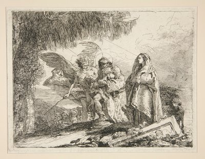 Joseph kantaa Jeesusta käsivarsissaan sarjasta Idee pittoresche sopra la fuga in Egitto (lento Egyptiin) tekijältä Giovanni Domenico Tiepolo