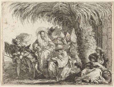 Joosef polvistuu Lapsen kanssa Marian aasilla edessä tekijältä Giovanni Domenico Tiepolo