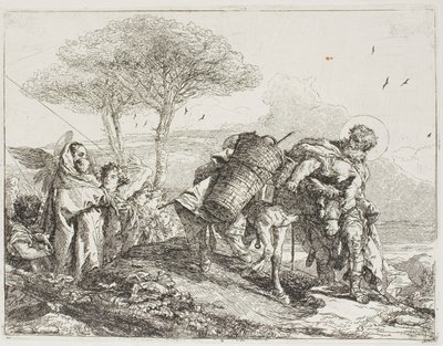 Maria, kahden enkelin avustamana, seuraa Joosefia aasin kanssa, levy 25 julkaisusta Lento Egyptiin tekijältä Giovanni Domenico Tiepolo