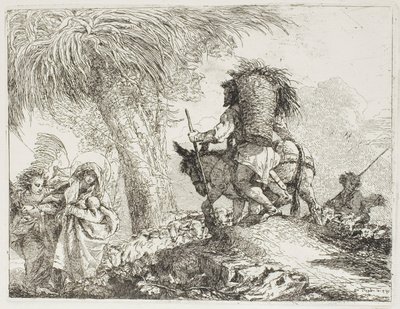 Maria, jota enkeli auttoi, ja Joosef kantamassa koria, kulkemassa lauman ohi, levy 24 lennosta Egyptiin tekijältä Giovanni Domenico Tiepolo