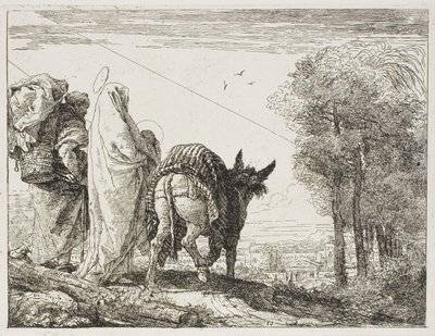 Maria pitelee lasta käsivarsissaan ja Joosef korin kanssa, levy kymmenen kappaleesta Lento Egyptiin tekijältä Giovanni Domenico Tiepolo