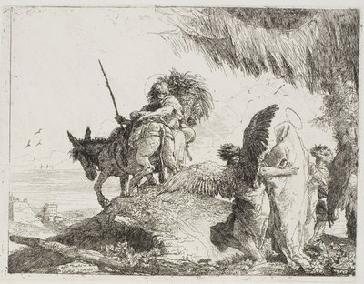 Maria, kahden enkelin tukemana, seuraa Joosefia, levy 26 julkaisusta Lento Egyptiin tekijältä Giovanni Domenico Tiepolo
