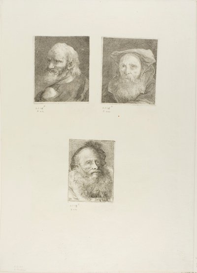 Vanha mies, jolla on parta, parrakas vanha mies, jolla on hattu, vanha mies, jolla on koristeellinen lippalakki tekijältä Giovanni Domenico Tiepolo