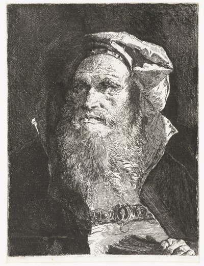 Vanha mies, jolla on parta ja kirja Pääkokoelma (sarjan nimi) Raccolta di Teste (sarjan nimi) tekijältä Giovanni Domenico Tiepolo