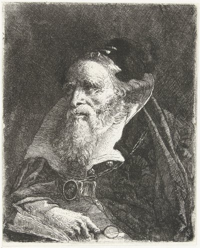 Vanha mies kirjan ja suurennuslasin kanssa Pääkokoelma (sarjan nimi) Raccolta di Teste (sarjan nimi) tekijältä Giovanni Domenico Tiepolo