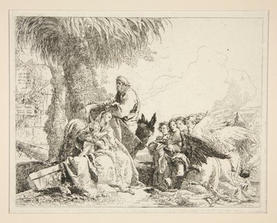 Lepo Egyptin lennon aikana, sarjasta Idee pittoresche sopra la fuga in Egitto (lento Egyptiin) tekijältä Giovanni Domenico Tiepolo