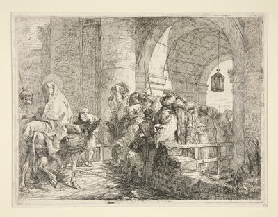 Pyhän perheen saapuminen kaupungin portille sarjasta Idee pittoresche sopra la fuga in Egitto (lento Egyptiin) tekijältä Giovanni Domenico Tiepolo