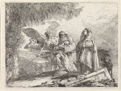 Lento, pyhä perhe kävelemässä enkelin kanssa tekijältä Giovanni Domenico Tiepolo