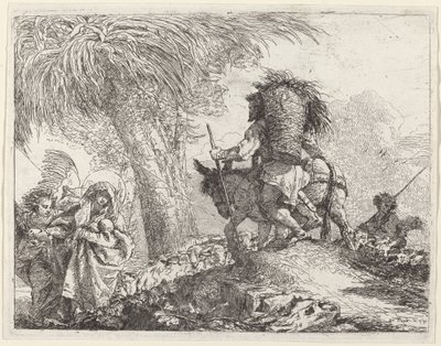 Lento, Joosef oikealla ja Maria ja enkeli vasemmalla tekijältä Giovanni Domenico Tiepolo