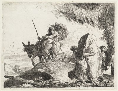 The Flight, Madonna oikealla enkeleiden tukemana tekijältä Giovanni Domenico Tiepolo
