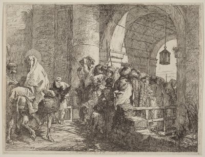 Pyhä perhe saapuu kaupungin portille tekijältä Giovanni Domenico Tiepolo