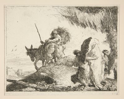 Pyhä perhe kahden enkelin välissä sarjasta Idee pittoresche sopra la fuga in Egitto (lento Egyptiin) tekijältä Giovanni Domenico Tiepolo