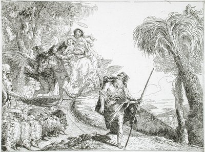 Pyhä perhe laskeutuu metsäpolkua pitkin lähellä laumaa ja muutamia paimenia tekijältä Giovanni Domenico Tiepolo