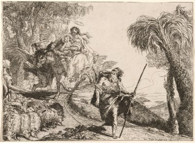 Pyhä perhe laskeutumassa polkua lähellä paimenia tekijältä Giovanni Domenico Tiepolo