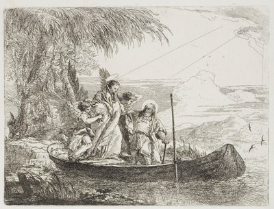 Pyhä perhe astuu veneeseen enkelien avulla, levy kuusitoista kohdasta Lento Egyptiin tekijältä Giovanni Domenico Tiepolo