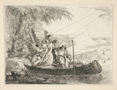 Pyhä perhe astuu veneeseen sarjasta Idee pittoresche sopra la fuga in Egitto (lento Egyptiin) tekijältä Giovanni Domenico Tiepolo