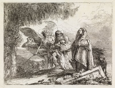 Enkeli saattaa pyhää perhettä (Pako Egyptiin XII) tekijältä Giovanni Domenico Tiepolo