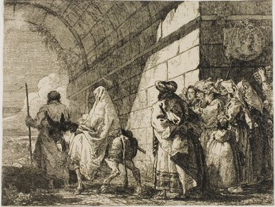 Pyhä perhe lähtemässä kaupungin portin kautta, levy seitsemän kappaleesta Lento Egyptiin tekijältä Giovanni Domenico Tiepolo