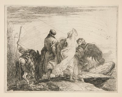 Pyhä perhe lähtemässä joen rannalta, sarjasta Idee pittoresche sopra la fuga in Egitto (lento Egyptiin) tekijältä Giovanni Domenico Tiepolo