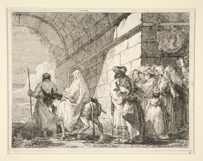 Pyhä perhe kulkee kaaren alla, lähtee kaupungin portin kautta sarjasta Idee pittoresche sopra la fuga in Egitto (lento Egyptiin) tekijältä Giovanni Domenico Tiepolo