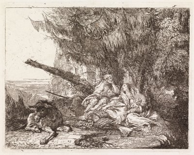 Kuusen alla lepäävä pyhä perhe (Pako Egyptiin XXIII) tekijältä Giovanni Domenico Tiepolo