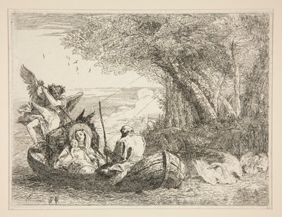 Pyhä perhe matkustaa laivalla, sarjasta Idee pittoresche sopra la fuga in Egitto (lento Egyptiin) tekijältä Giovanni Domenico Tiepolo