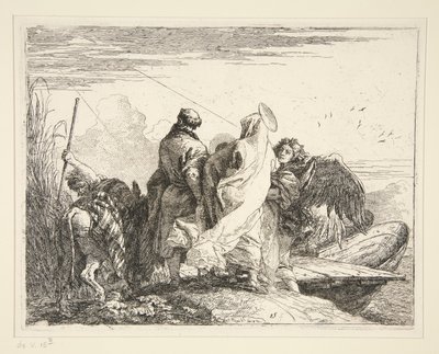 Pyhä perhe joen rannalla, sarjasta Idee pittoresche sulla fuga in Egitto (lento Egyptiin) tekijältä Giovanni Domenico Tiepolo