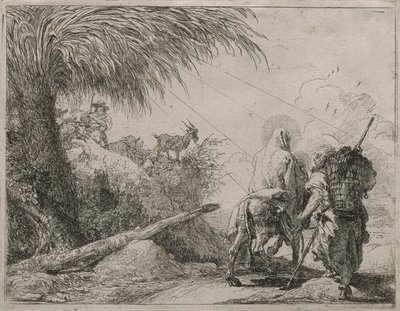 Pyhä perhe kivisellä polulla, sarjasta Idee pittoresche sulla fuga in Egitto (lento Egyptiin) tekijältä Giovanni Domenico Tiepolo