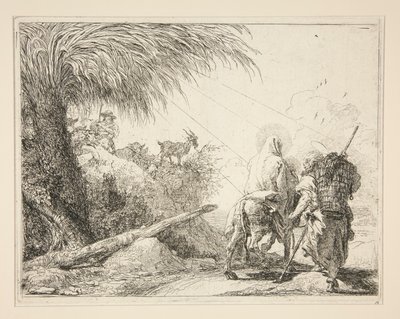 Neitsyt, asennettuna aasille ja katsottuna takaapäin, sarjasta Idee pittoresche sopra la fuga in Egitto (lento Egyptiin) tekijältä Giovanni Domenico Tiepolo