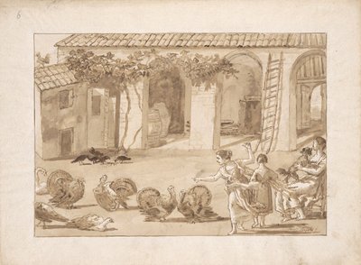 Kalkkunat venetsialaisella pihalla, kolmas piirustus Tiepolossa tekijältä Giovanni Domenico Tiepolo
