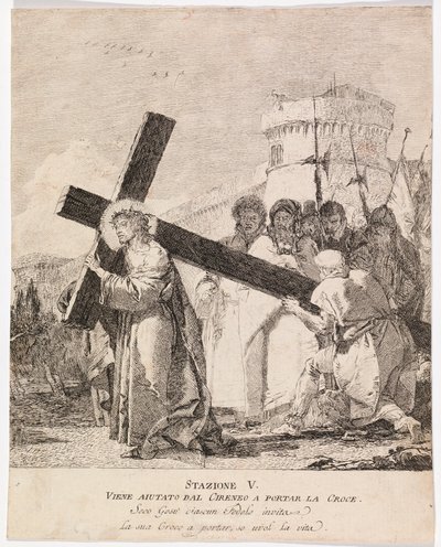 Via crucis - Asema V. Simon Kyreneläinen auttaa Jeesusta kantamaan ristiä. tekijältä Giovanni Domenico Tiepolo
