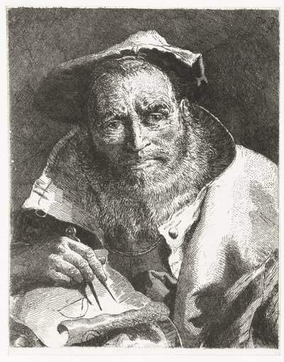 Tiedemies baretti päässä ja kompassi kädessään Pääkokoelma (sarjan nimi) Raccolta di Teste (sarjan nimi) tekijältä Giovanni Domenico Tiepolo
