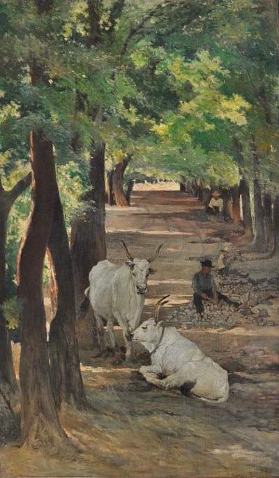 Valtatie, jossa on härkiä ja kivenmurtajia, noin 1875 (öljy kankaalle). tekijältä Giovanni Fattori
