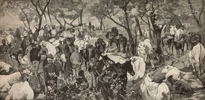 Markkinat Toscanan Apenniineilla, kaiverrus Giovanni Fattorin (1825-1908) maalauksesta, L