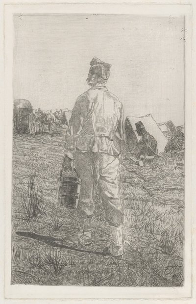 Sotilas ämpärin kanssa takaapäin nähtynä tekijältä Giovanni Fattori