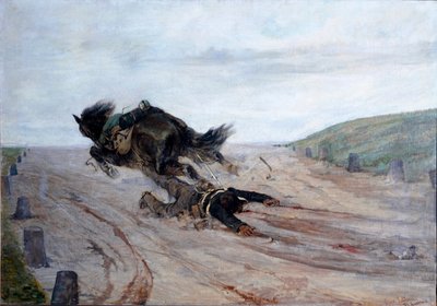 Jalka hevosessa Hevonen putoaa. Giovanni Fattorin (1825-1908) maalaus 1878-1879 Mitat 90x130 cm Firenze, Modernin taiteen galleria tekijältä Giovanni Fattori