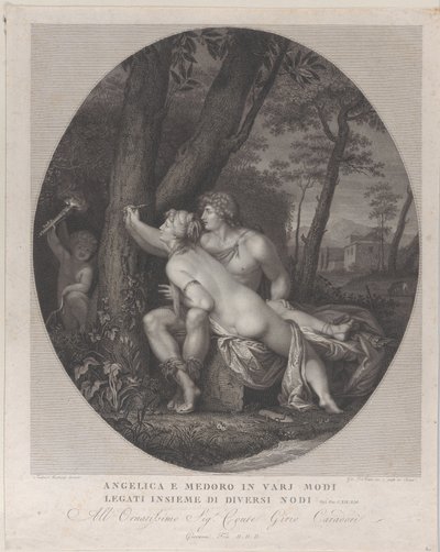 Angelica makaa Medoron sylissä ja kirjoittaa heidän nimensä puunrunkoon, 1784-1836. tekijältä Giovanni Folo