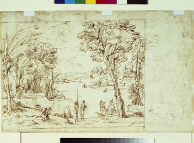 Maisema hahmoilla joen rannalla (kynä ja muste paperille) tekijältä Giovanni Francesco Grimaldi