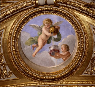 Rakkaus pidättyvyyteen. Giovanni Romanellin (1601-1662) maalaus Itävallan kuningatar Annen (1601-1666) kesäasuntojen makuuhuoneen Antonine Hallin kattoa koristamassa. Noin 1655-1658. Pariisi, Louvre-museo. tekijältä Giovanni Francesco Romanelli