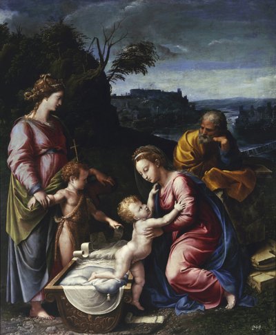 Pyhä perhe nuoren Johannes Kastajan ja Pyhän Katariina par Pennin kanssa, Gianfrancesco (1496-1528). Öljy puulle, koko: 115,5x95, n. 1525, Narodowe-museo, Varsova tekijältä Giovanni Francesco (c.1488 1528) Penni