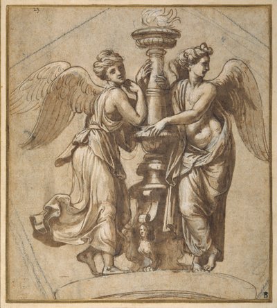 Voitot kynttelikköä (kynä ja ruskea muste mustalla liidulla paperilla) tekijältä Giovanni Francesco (c.1488 1528) Penni